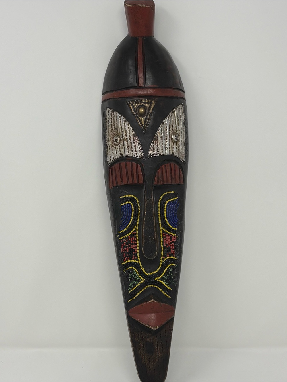Hand-Carved African Tribal Mask Wall Art in Black, Red & Multicolor Beadwork